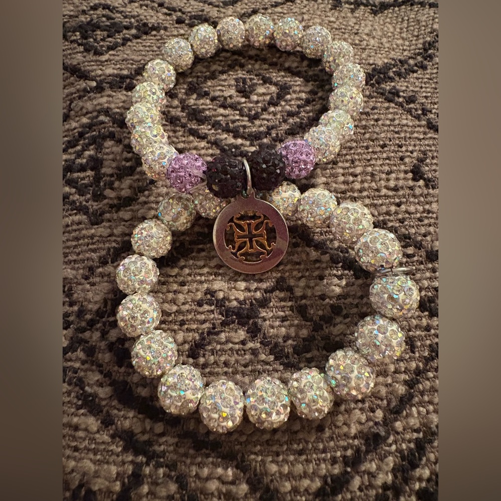 rustic cuff with white, black, and purple beads and a charm!